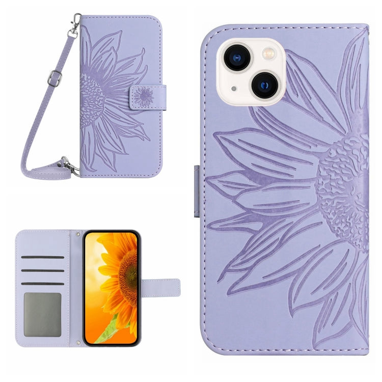 For iPhone 14 Plus Skin Feel Sun Flower Pattern Flip Leather Phone Case with Lanyard