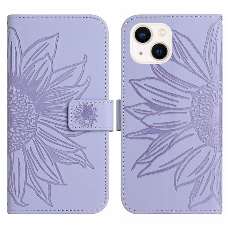 For iPhone 14 Plus Skin Feel Sun Flower Pattern Flip Leather Phone Case with Lanyard
