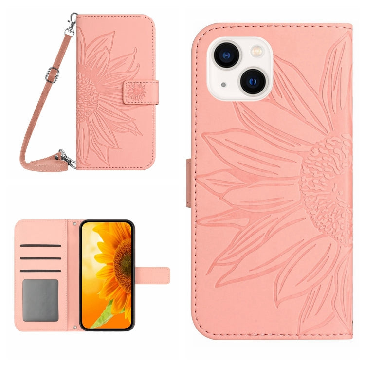 For iPhone 14 Plus Skin Feel Sun Flower Pattern Flip Leather Phone Case with Lanyard
