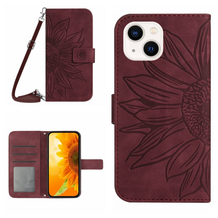 For iPhone 14 Plus Skin Feel Sun Flower Pattern Flip Leather Phone Case with Lanyard