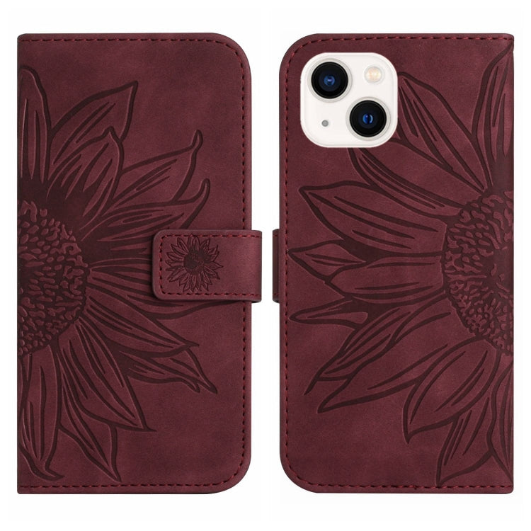 For iPhone 14 Plus Skin Feel Sun Flower Pattern Flip Leather Phone Case with Lanyard