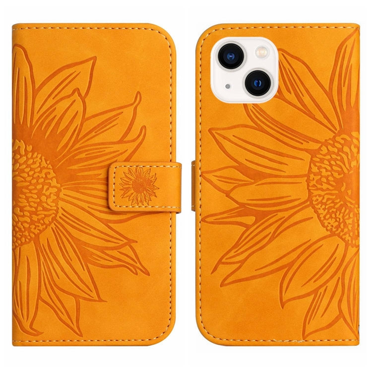 For iPhone 14 Plus Skin Feel Sun Flower Pattern Flip Leather Phone Case with Lanyard