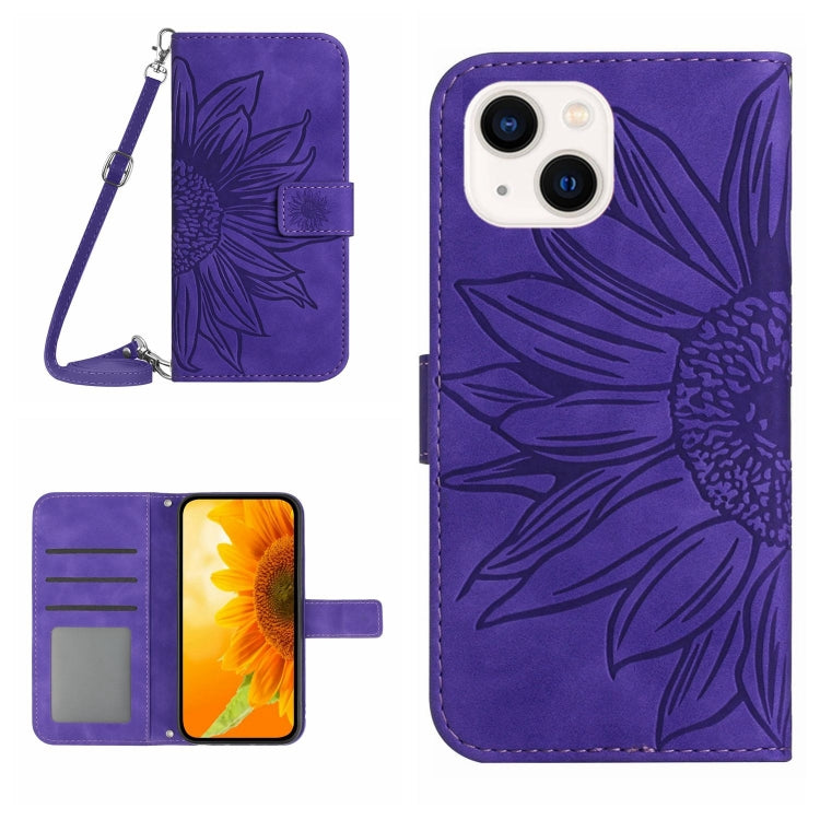 For iPhone 14 Plus Skin Feel Sun Flower Pattern Flip Leather Phone Case with Lanyard