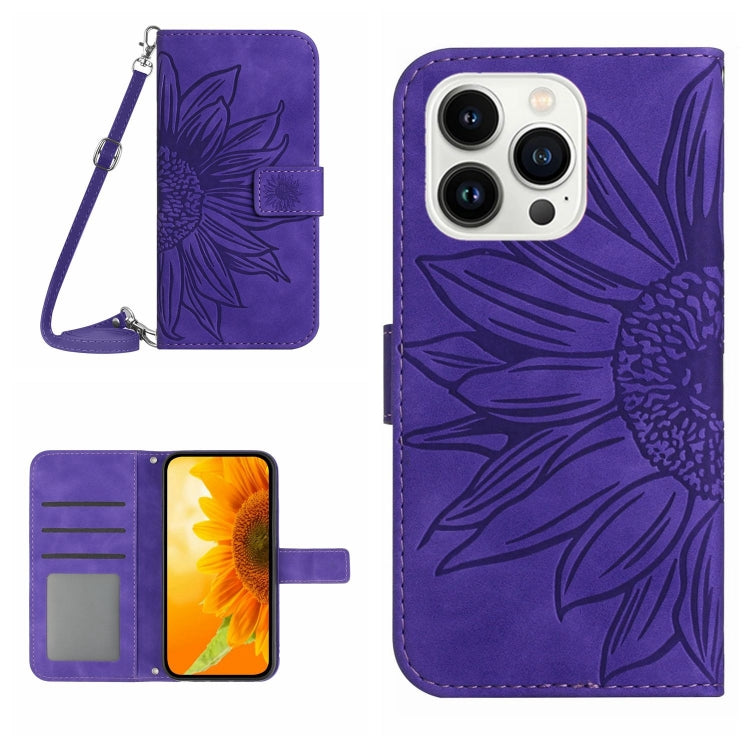 For iPhone 14 Pro Max Skin Feel Sun Flower Pattern Flip Leather Phone Case with Lanyard