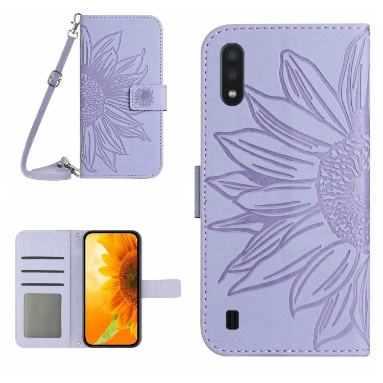 For Samsung Galaxy A01 Skin Feel Sun Flower Pattern Flip Leather Phone Case with Lanyard