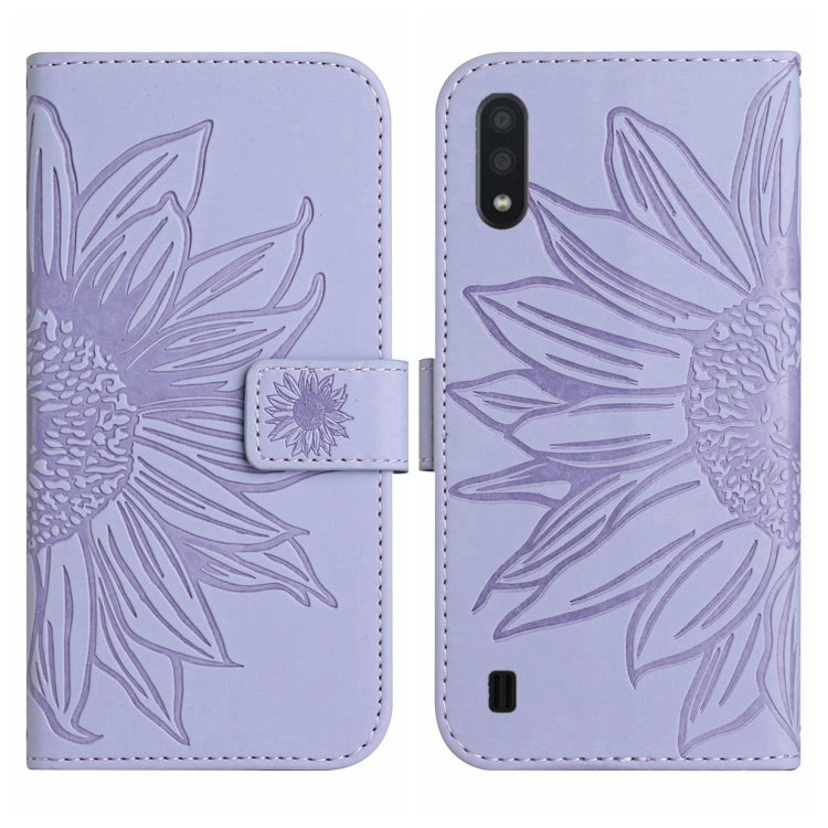 For Samsung Galaxy A01 Skin Feel Sun Flower Pattern Flip Leather Phone Case with Lanyard