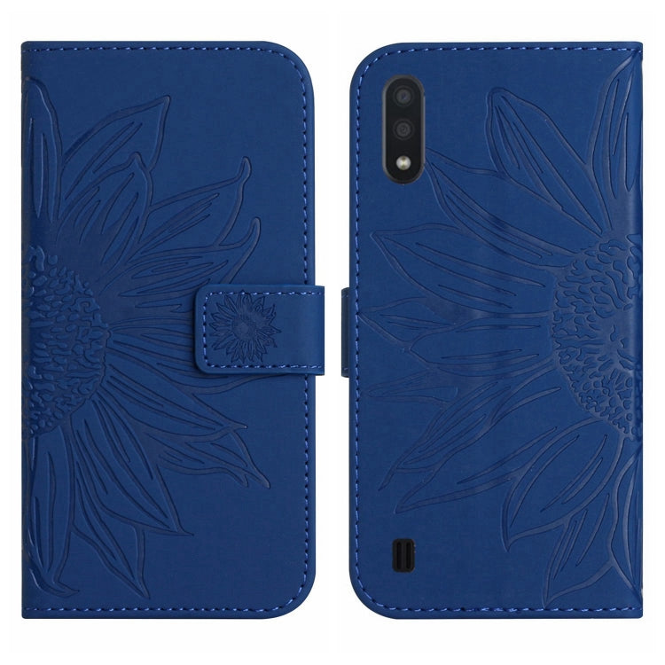 For Samsung Galaxy A01 Skin Feel Sun Flower Pattern Flip Leather Phone Case with Lanyard