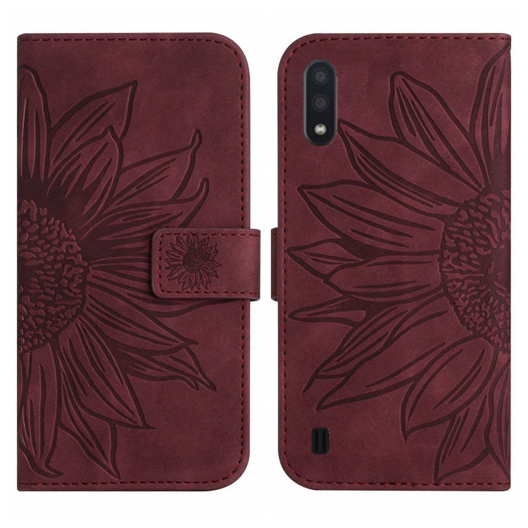For Samsung Galaxy A01 Skin Feel Sun Flower Pattern Flip Leather Phone Case with Lanyard