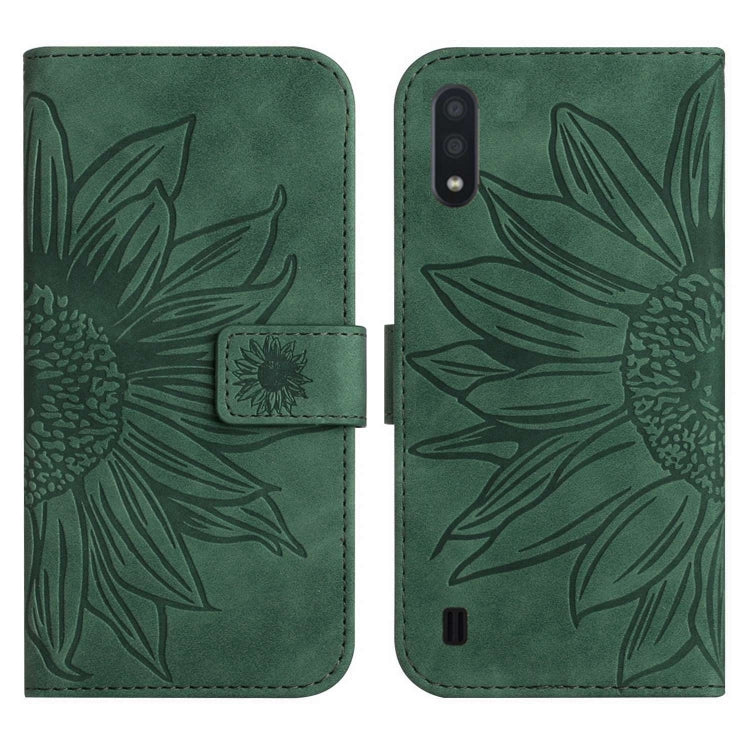 For Samsung Galaxy A01 Skin Feel Sun Flower Pattern Flip Leather Phone Case with Lanyard