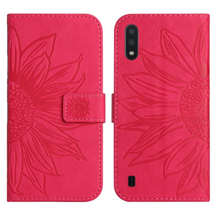 For Samsung Galaxy A01 Skin Feel Sun Flower Pattern Flip Leather Phone Case with Lanyard
