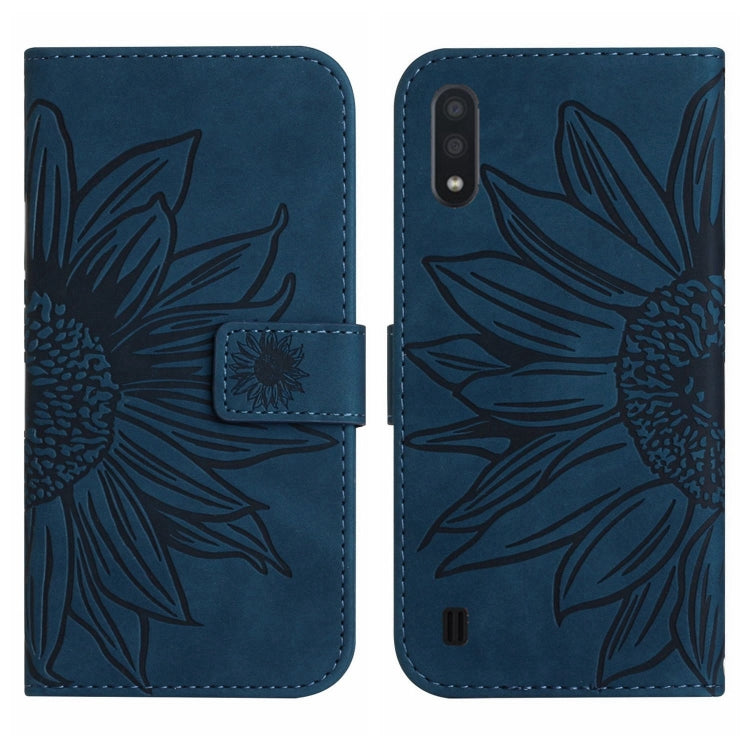For Samsung Galaxy A01 Skin Feel Sun Flower Pattern Flip Leather Phone Case with Lanyard