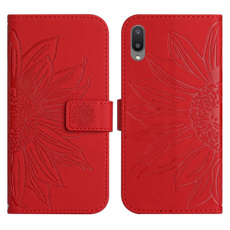 For Samsung Galaxy A02 EU Edition/M02 Skin Feel Sun Flower Pattern Flip Leather Phone Case with Lanyard