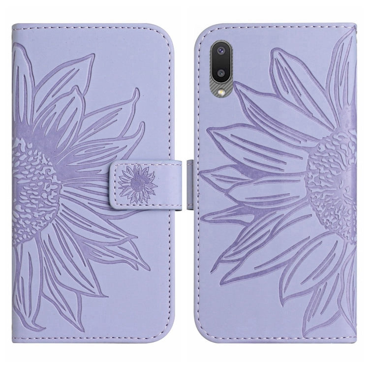 For Samsung Galaxy A02 EU Edition/M02 Skin Feel Sun Flower Pattern Flip Leather Phone Case with Lanyard