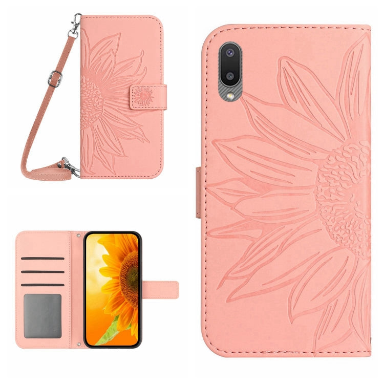 For Samsung Galaxy A02 EU Edition/M02 Skin Feel Sun Flower Pattern Flip Leather Phone Case with Lanyard
