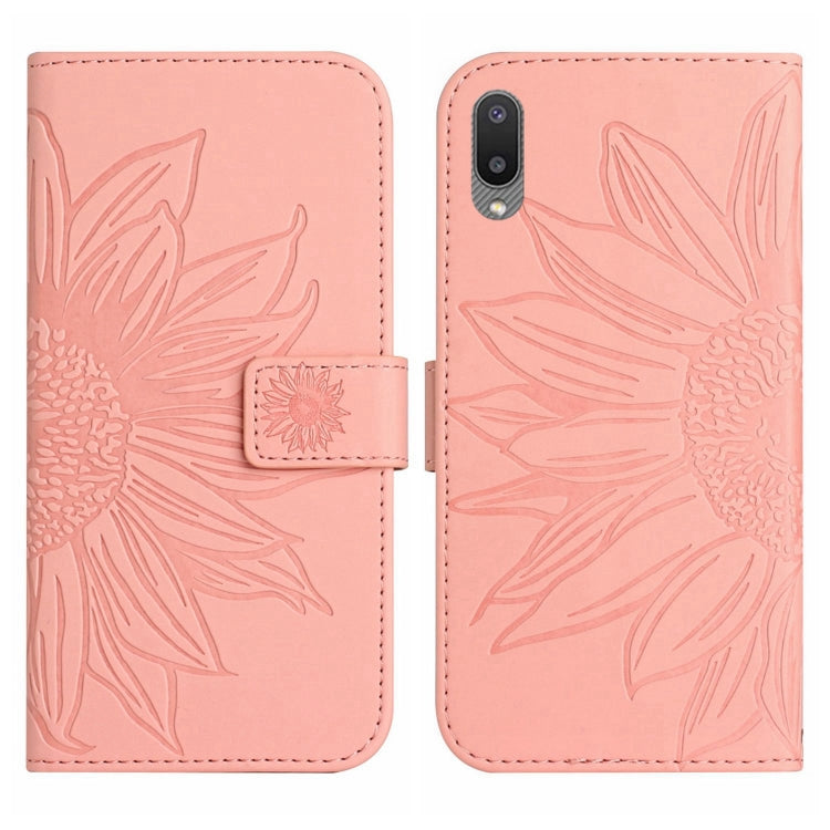 For Samsung Galaxy A02 EU Edition/M02 Skin Feel Sun Flower Pattern Flip Leather Phone Case with Lanyard