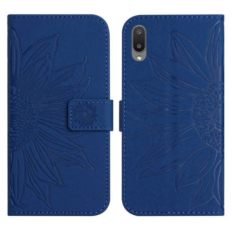 For Samsung Galaxy A02 EU Edition/M02 Skin Feel Sun Flower Pattern Flip Leather Phone Case with Lanyard