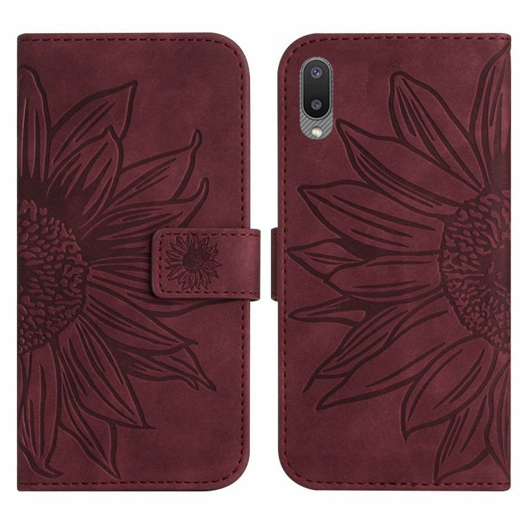 For Samsung Galaxy A02 EU Edition/M02 Skin Feel Sun Flower Pattern Flip Leather Phone Case with Lanyard