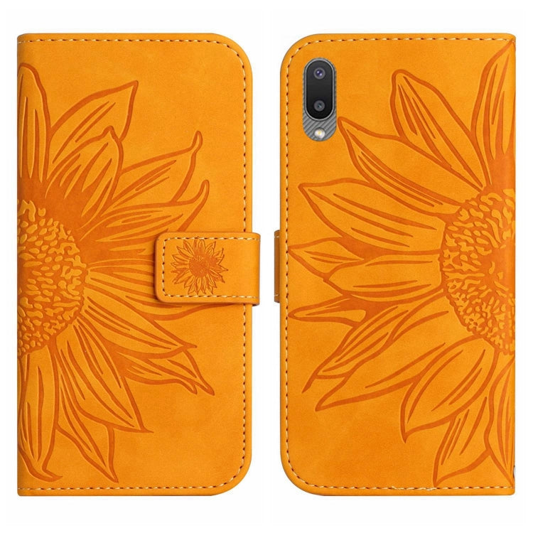 For Samsung Galaxy A02 EU Edition/M02 Skin Feel Sun Flower Pattern Flip Leather Phone Case with Lanyard
