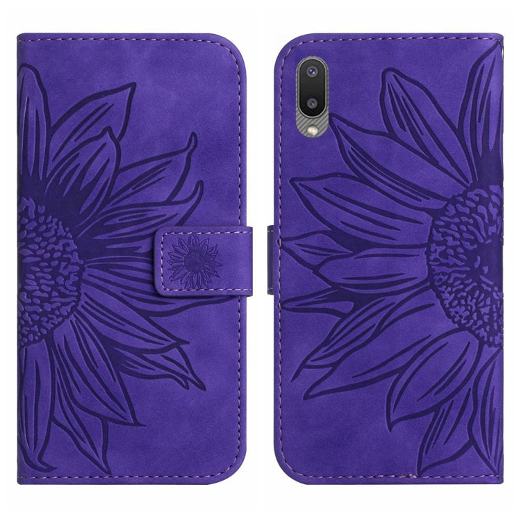 For Samsung Galaxy A02 EU Edition/M02 Skin Feel Sun Flower Pattern Flip Leather Phone Case with Lanyard