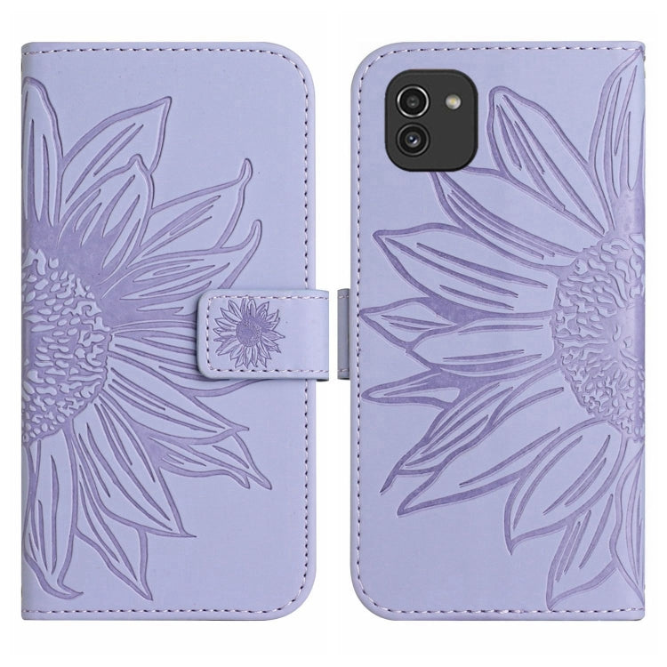 For Samsung Galaxy A03 166mm Skin Feel Sun Flower Pattern Flip Leather Phone Case with Lanyard