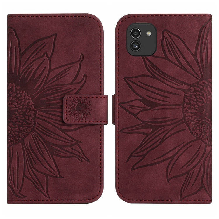 For Samsung Galaxy A03 166mm Skin Feel Sun Flower Pattern Flip Leather Phone Case with Lanyard