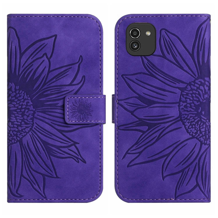 For Samsung Galaxy A03 166mm Skin Feel Sun Flower Pattern Flip Leather Phone Case with Lanyard