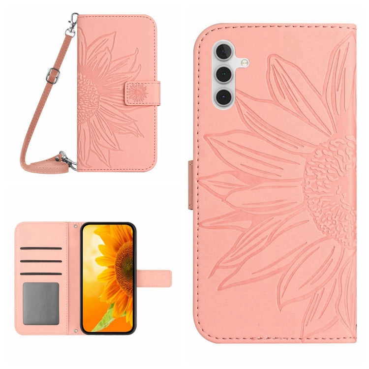 For Samsung Galaxy A04S Skin Feel Sun Flower Pattern Flip Leather Phone Case with Lanyard