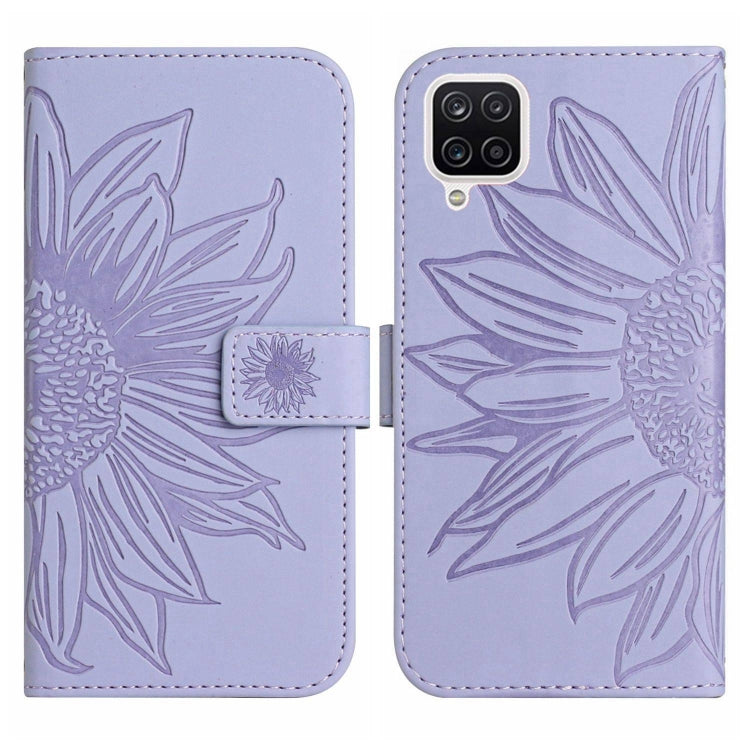 For Samsung Galaxy A12 4G/A12 5G/M12/F12 Skin Feel Sun Flower Pattern Flip Leather Phone Case with Lanyard
