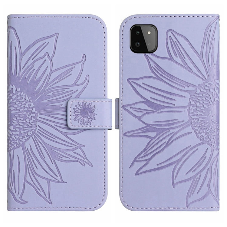 For Samsung Galaxy A22 5G Skin Feel Sun Flower Pattern Flip Leather Phone Case with Lanyard