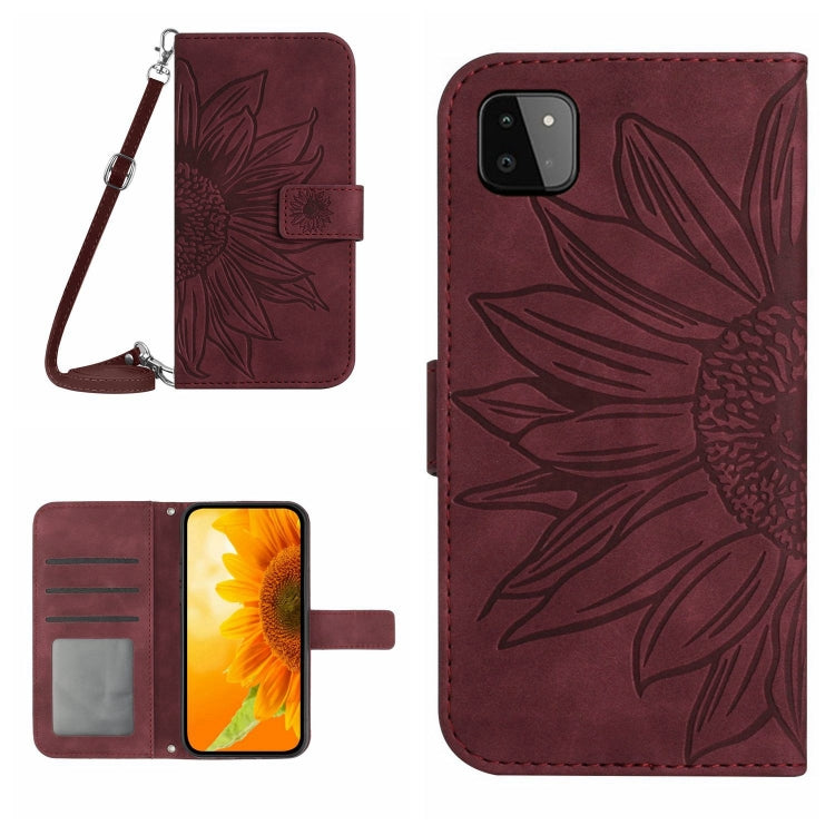 For Samsung Galaxy A22 5G Skin Feel Sun Flower Pattern Flip Leather Phone Case with Lanyard