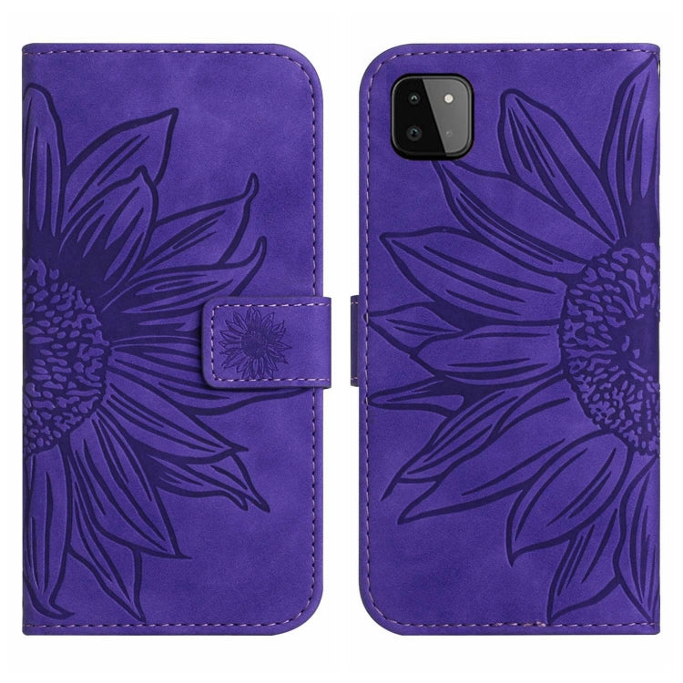 For Samsung Galaxy A22 5G Skin Feel Sun Flower Pattern Flip Leather Phone Case with Lanyard