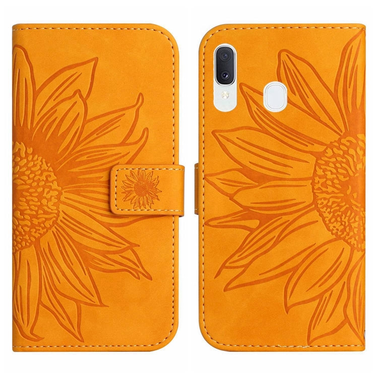 For Samsung Galaxy A40 Skin Feel Sun Flower Pattern Flip Leather Phone Case with Lanyard