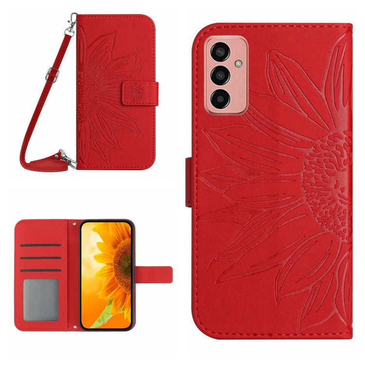 For Samsung Galaxy M13 Skin Feel Sun Flower Pattern Flip Leather Phone Case with Lanyard