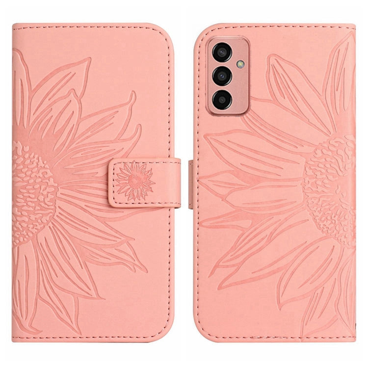 For Samsung Galaxy M13 Skin Feel Sun Flower Pattern Flip Leather Phone Case with Lanyard