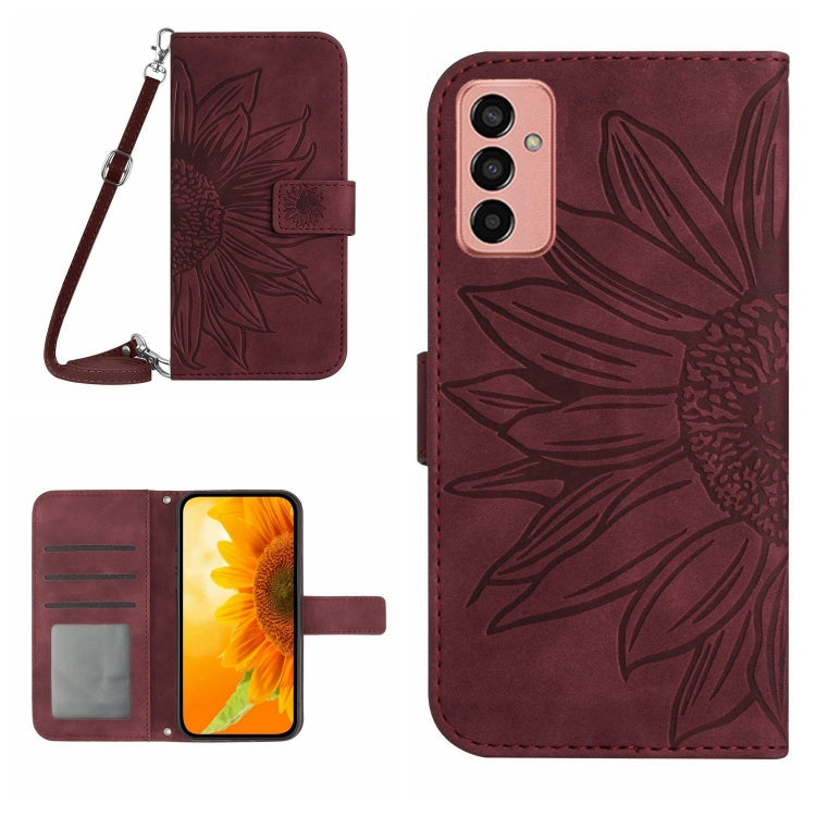 For Samsung Galaxy M13 Skin Feel Sun Flower Pattern Flip Leather Phone Case with Lanyard