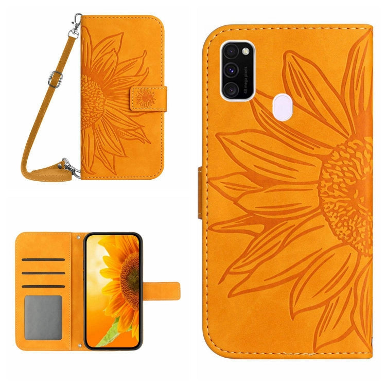 For Samsung Galaxy M21/M30S Skin Feel Sun Flower Pattern Flip Leather Phone Case with Lanyard