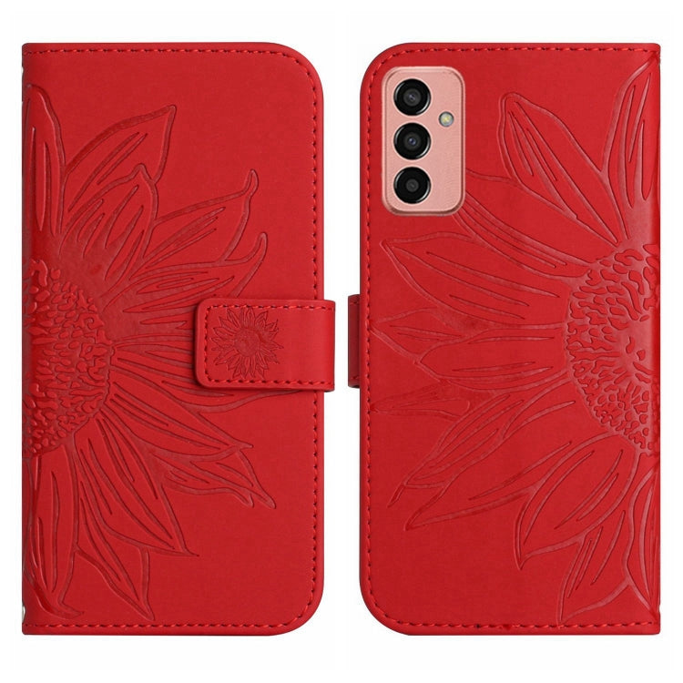 For Samsung Galaxy M23 5G Skin Feel Sun Flower Pattern Flip Leather Phone Case with Lanyard