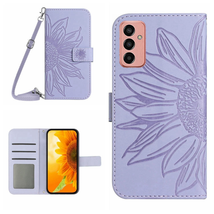For Samsung Galaxy M23 5G Skin Feel Sun Flower Pattern Flip Leather Phone Case with Lanyard