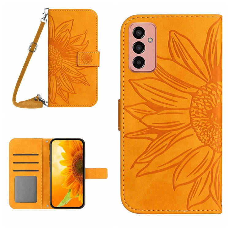 For Samsung Galaxy M23 5G Skin Feel Sun Flower Pattern Flip Leather Phone Case with Lanyard