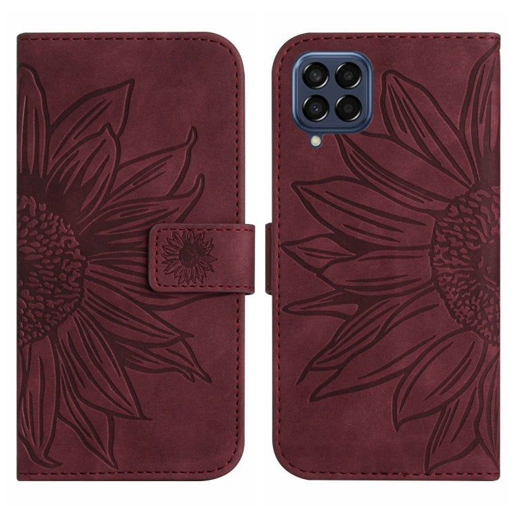 For Samsung Galaxy M33 5G Skin Feel Sun Flower Pattern Flip Leather Phone Case with Lanyard