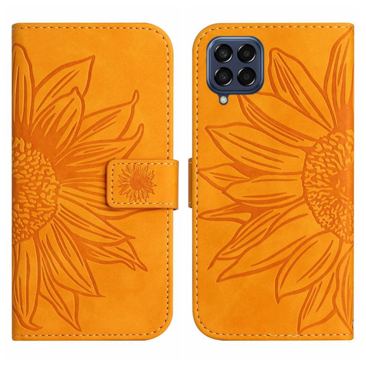 For Samsung Galaxy M33 5G Skin Feel Sun Flower Pattern Flip Leather Phone Case with Lanyard