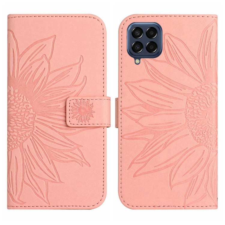 For Samsung Galaxy M53 5G Skin Feel Sun Flower Pattern Flip Leather Phone Case with Lanyard