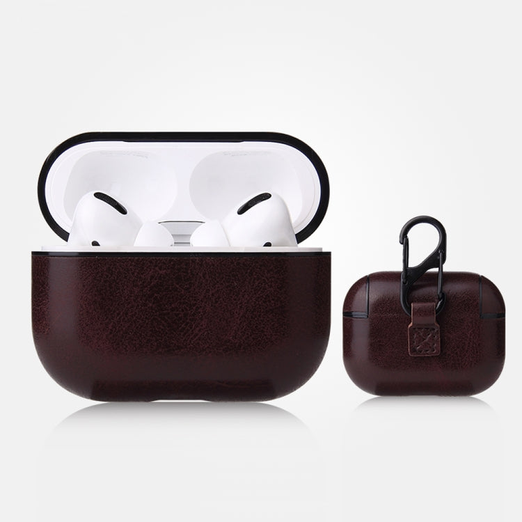 For AirPods Pro Anti-fall Crazy Horse Texture PU Leather Protective Case with Carabiner