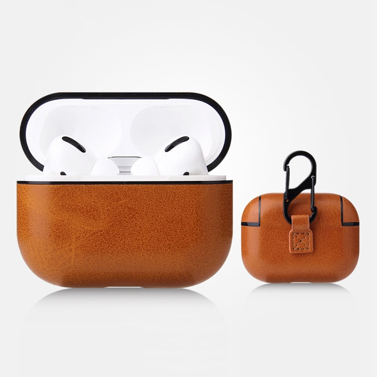 For AirPods Pro Anti-fall Crazy Horse Texture PU Leather Protective Case with Carabiner