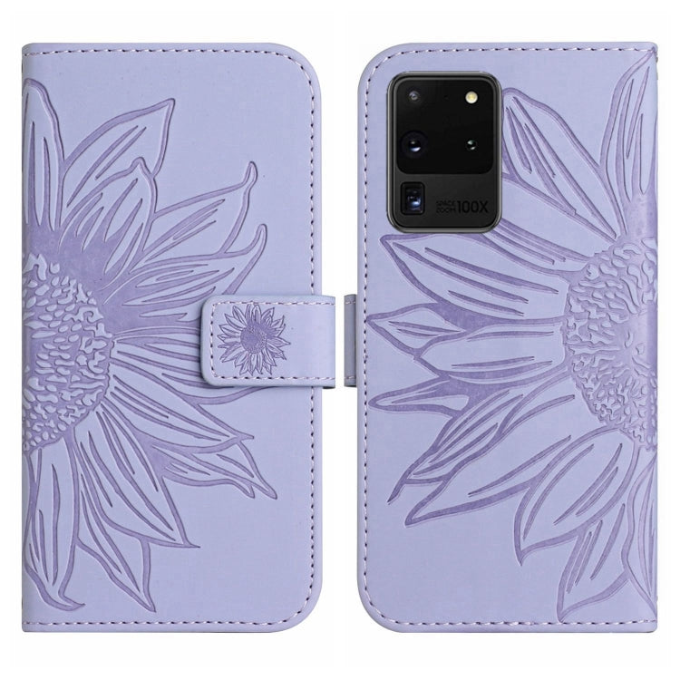 For Samsung Galaxy S20 Ultra Skin Feel Sun Flower Pattern Flip Leather Phone Case with Lanyard