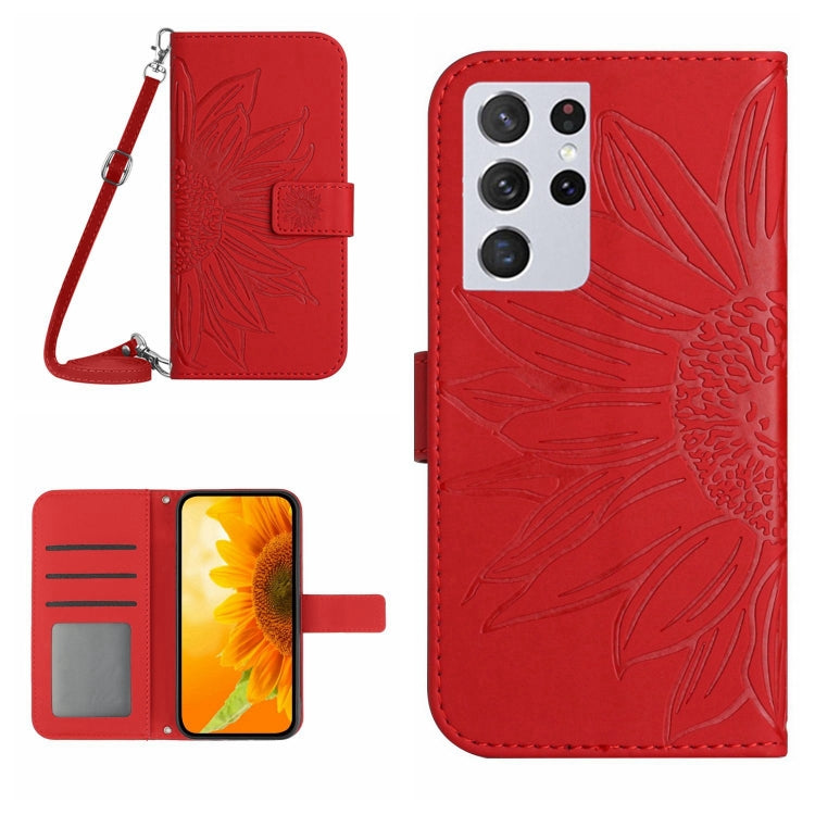 For Samsung Galaxy S21 Ultra 5G Skin Feel Sun Flower Pattern Flip Leather Phone Case with Lanyard