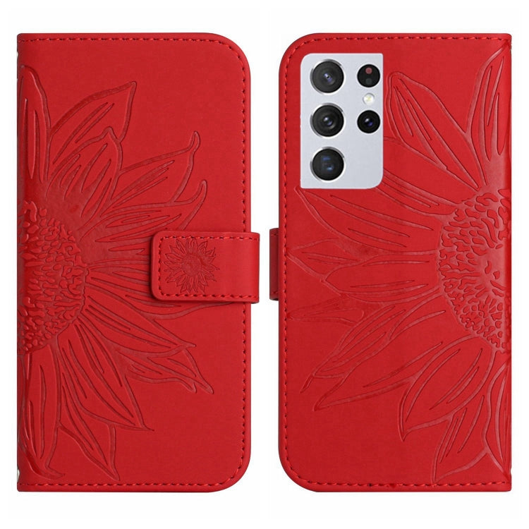 For Samsung Galaxy S21 Ultra 5G Skin Feel Sun Flower Pattern Flip Leather Phone Case with Lanyard