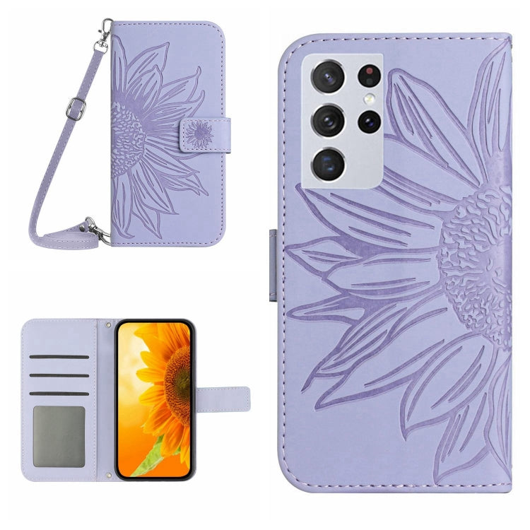 For Samsung Galaxy S21 Ultra 5G Skin Feel Sun Flower Pattern Flip Leather Phone Case with Lanyard