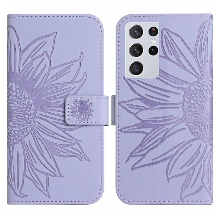 For Samsung Galaxy S21 Ultra 5G Skin Feel Sun Flower Pattern Flip Leather Phone Case with Lanyard