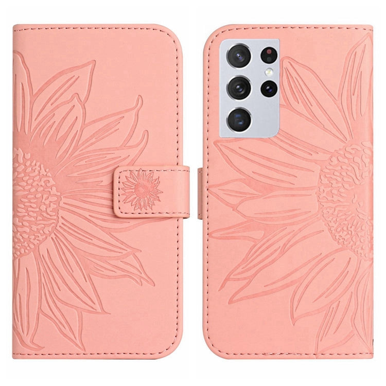 For Samsung Galaxy S21 Ultra 5G Skin Feel Sun Flower Pattern Flip Leather Phone Case with Lanyard